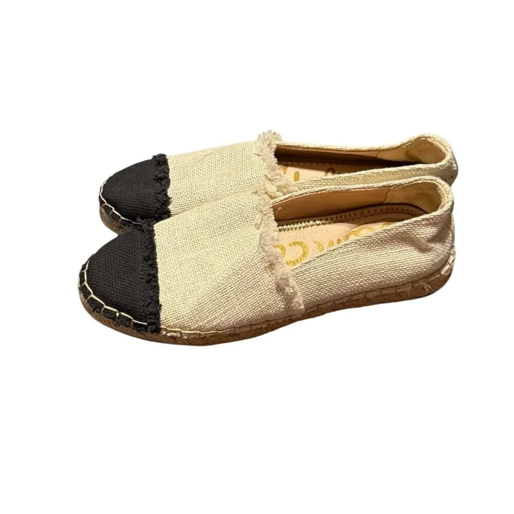 Womens Sam Edelman Espadrille Flats Beige & Black Frayed Edge Slip-On Size 7